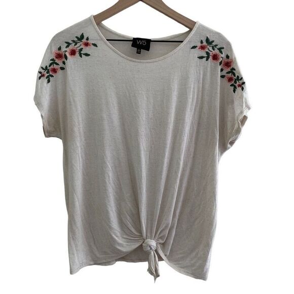 W5 Large Floral Short Sleeve Pullover Shirt Front Tie Knot Top - Picture 1 of 8
